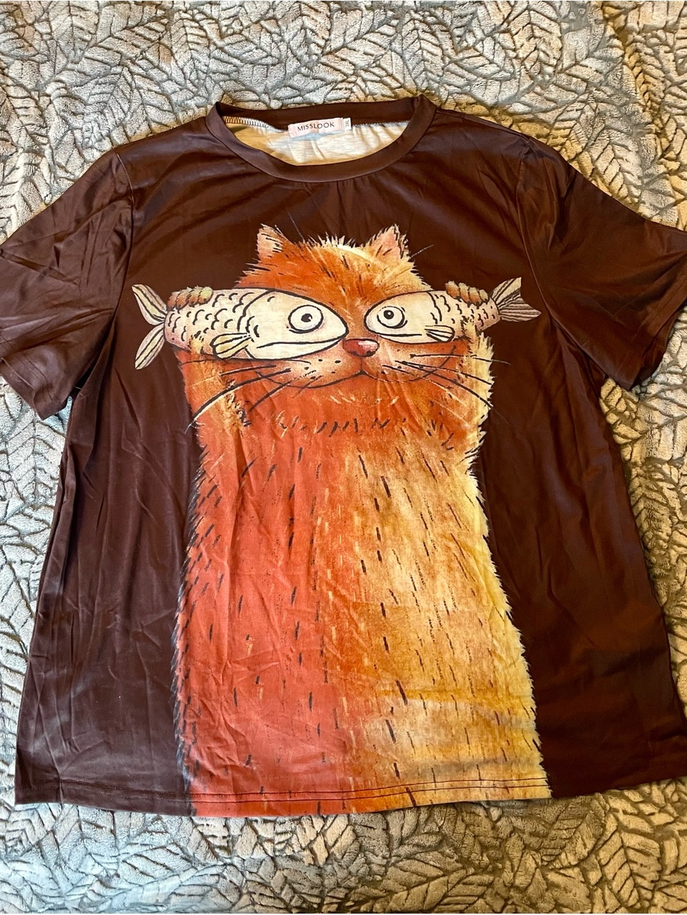 MISSLOOK Brown Tee with Orange & Cream Cat Graphic